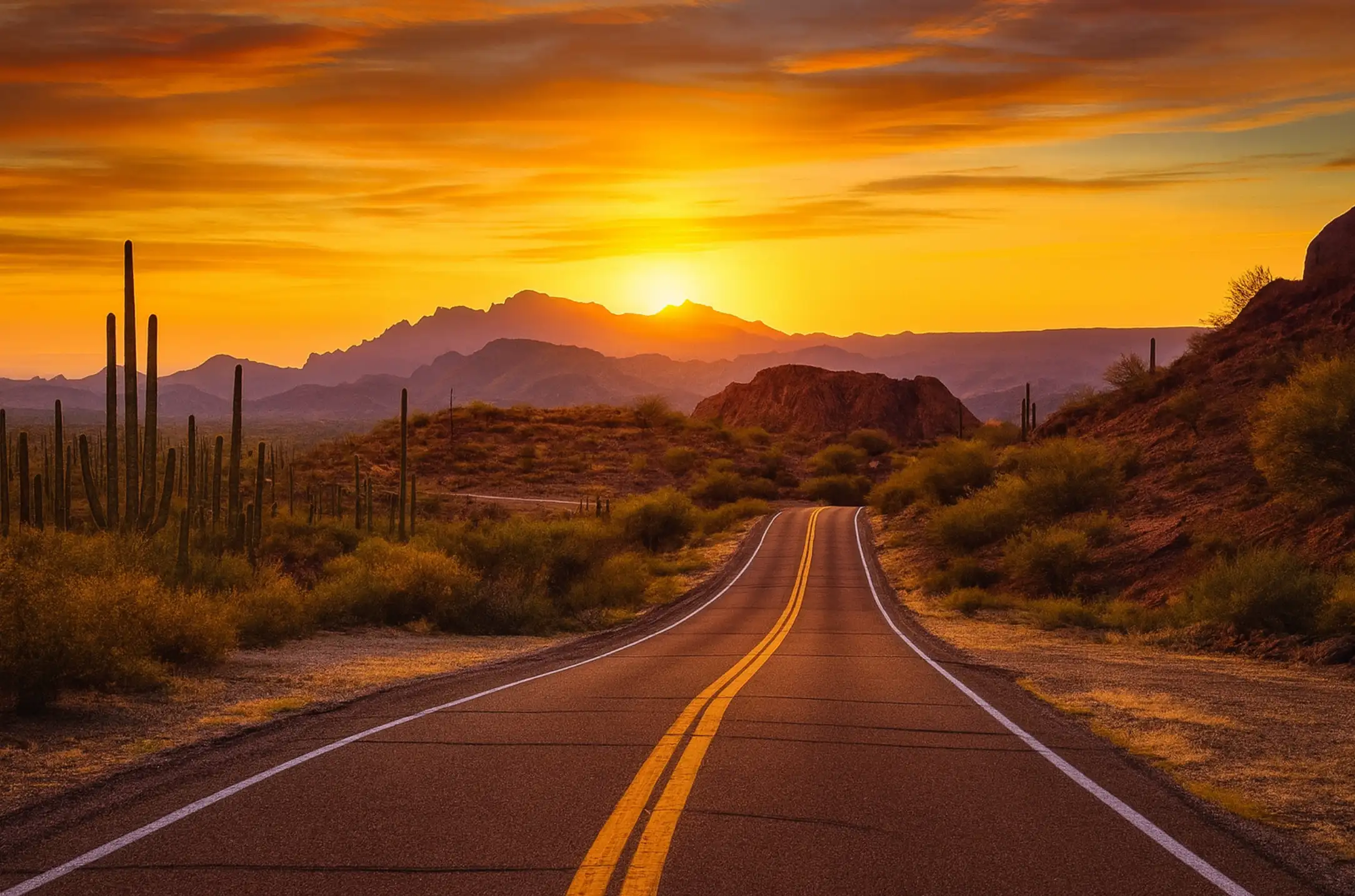 Desert highway curve at El Mirador with sunset tones toward the East Cape